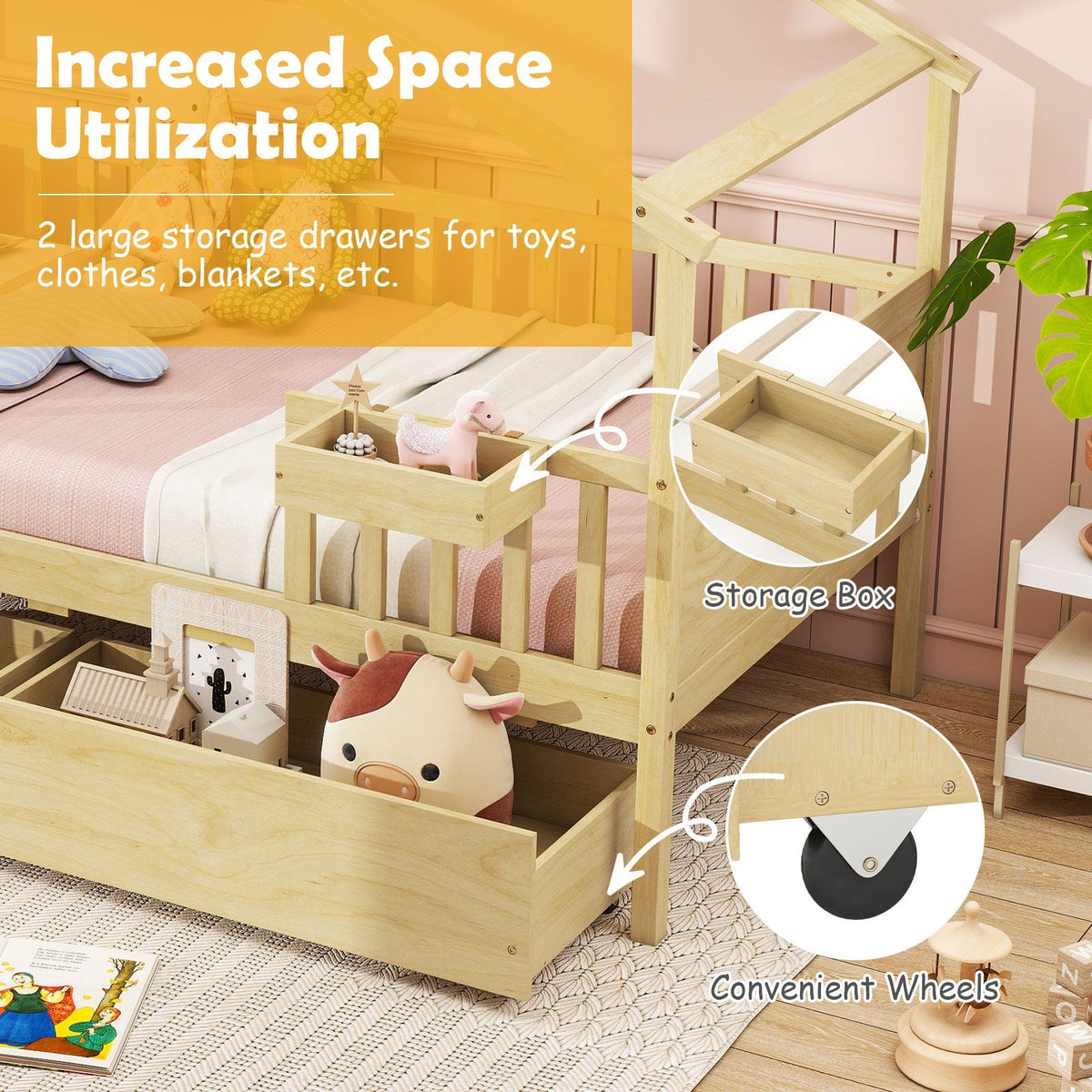 Twin House Bed with 2 Storage Drawers and Roof & Fence Rails