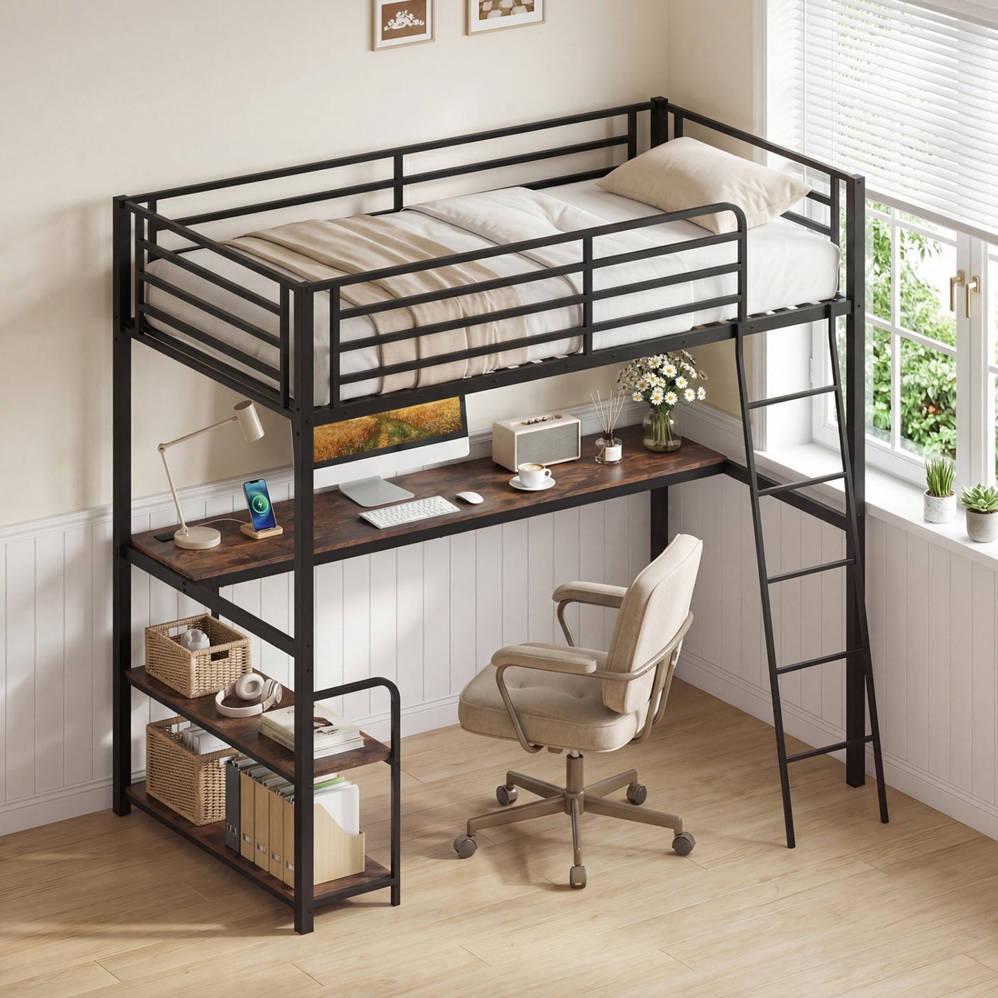 Twin Loft Bed with Desk and Shelves for Kids and Adults