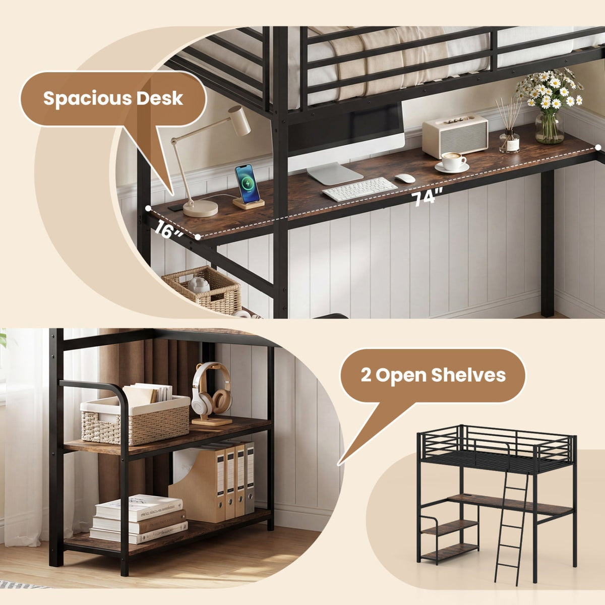 Twin Loft Bed with Desk and Shelves for Kids and Adults