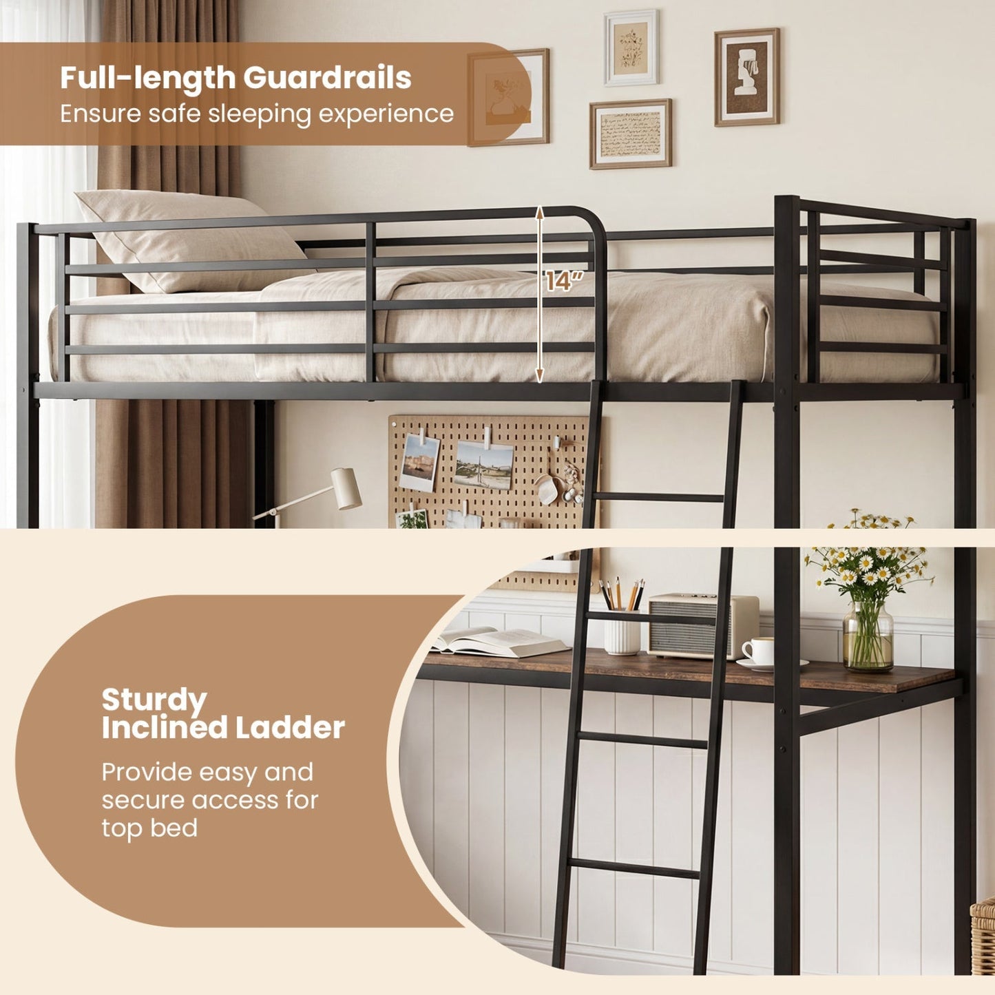 Twin Loft Bed with Desk and Shelves for Kids and Adults