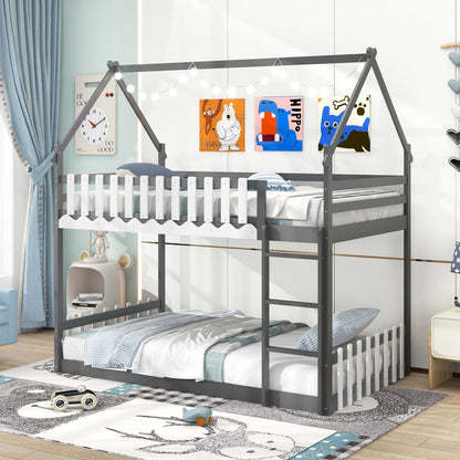 Twin Over Twin Bunk Bed with Fence and Ladder for Kids