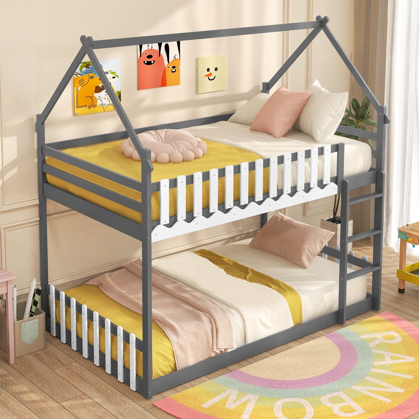 Twin Over Twin Bunk Bed with Fence and Ladder for Kids