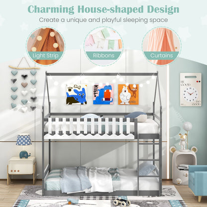 Twin Over Twin Bunk Bed with Fence and Ladder for Kids