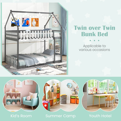 Twin Over Twin Bunk Bed with Fence and Ladder for Kids