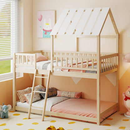 Twin Over Twin House Bunk Bed with Roof and Full-length Guardrails for Kids Teens Boys Girls