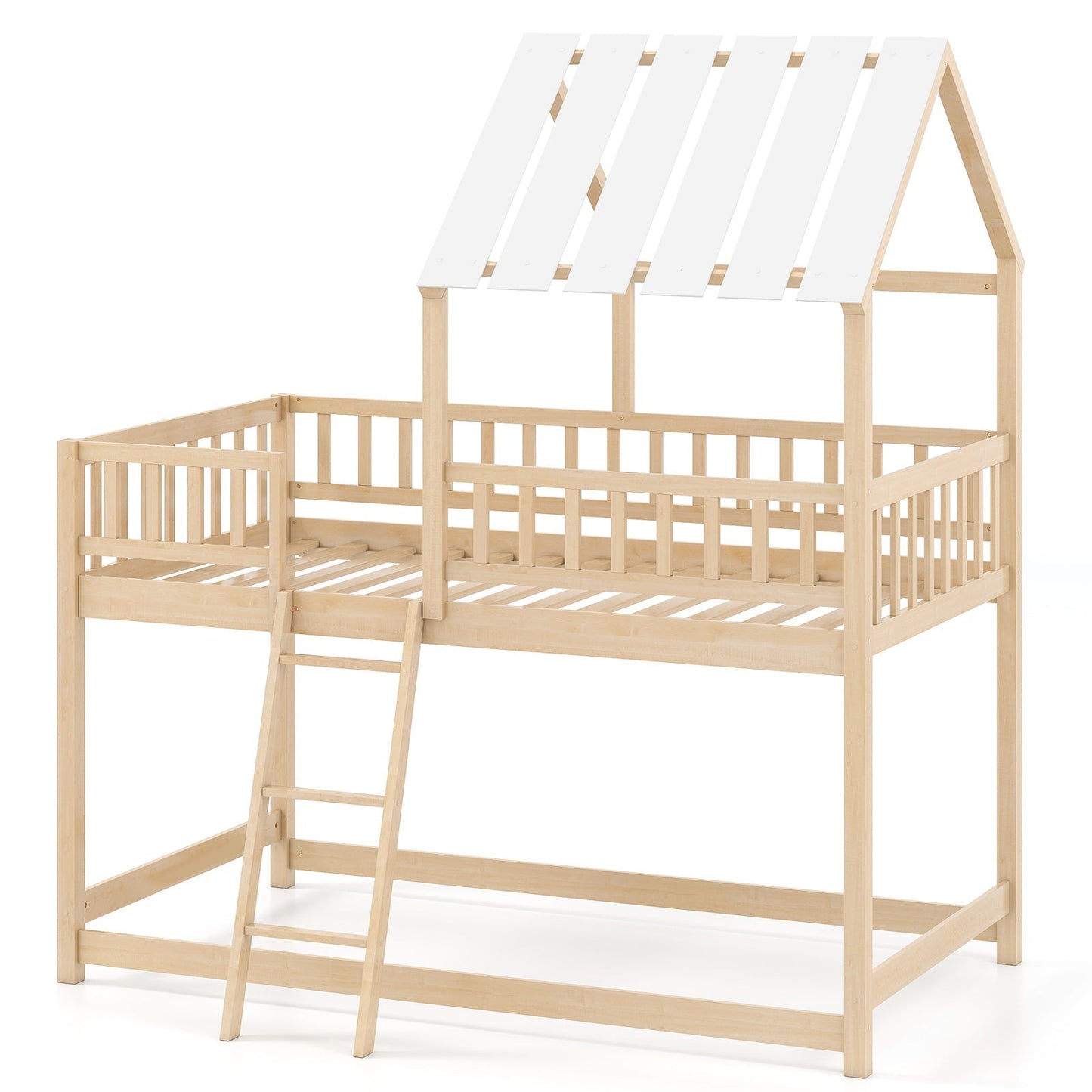Twin Over Twin House Bunk Bed with Roof and Full-length Guardrails for Kids Teens Boys Girls