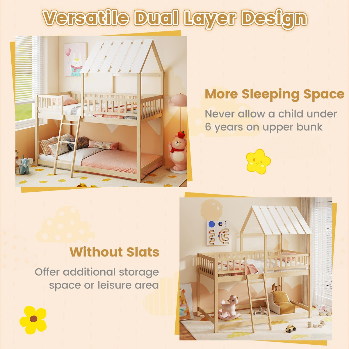 Twin Over Twin House Bunk Bed with Roof and Full-length Guardrails for Kids Teens Boys Girls