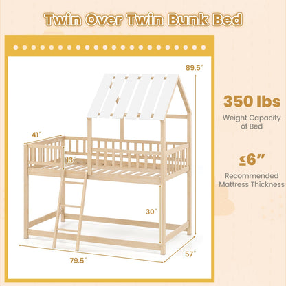 Twin Over Twin House Bunk Bed with Roof and Full-length Guardrails for Kids Teens Boys Girls