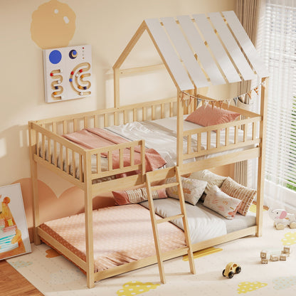 Twin Over Twin House Bunk Bed with Roof and Full-length Guardrails for Kids Teens Boys Girls