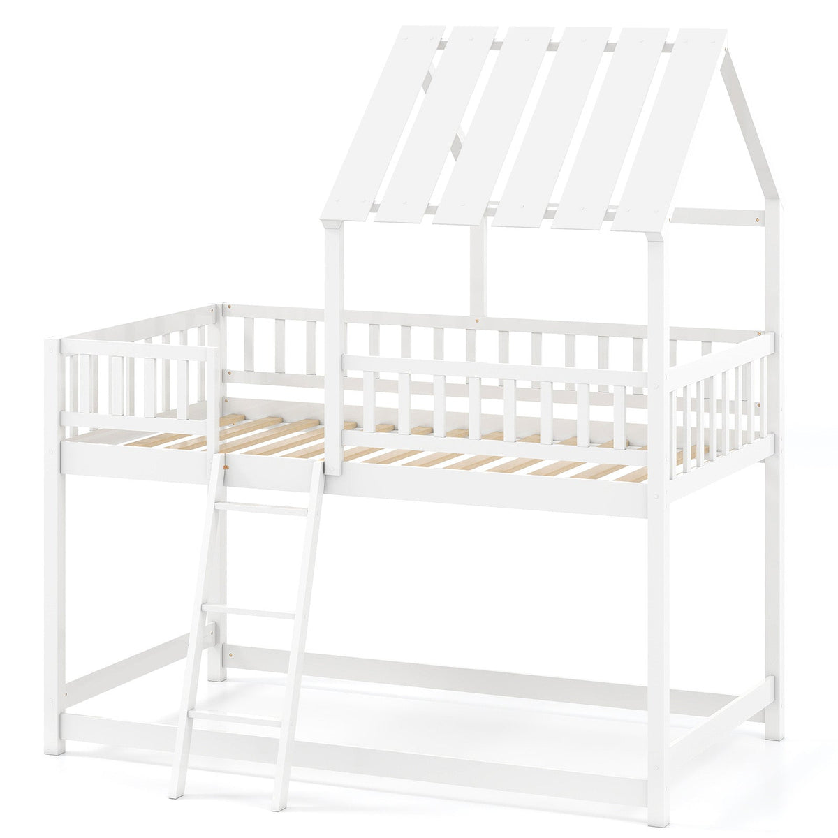 Twin Over Twin House Bunk Bed with Roof and Full-length Guardrails for Kids Teens Boys Girls