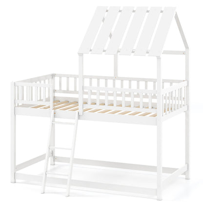 Twin Over Twin House Bunk Bed with Roof and Full-length Guardrails for Kids Teens Boys Girls