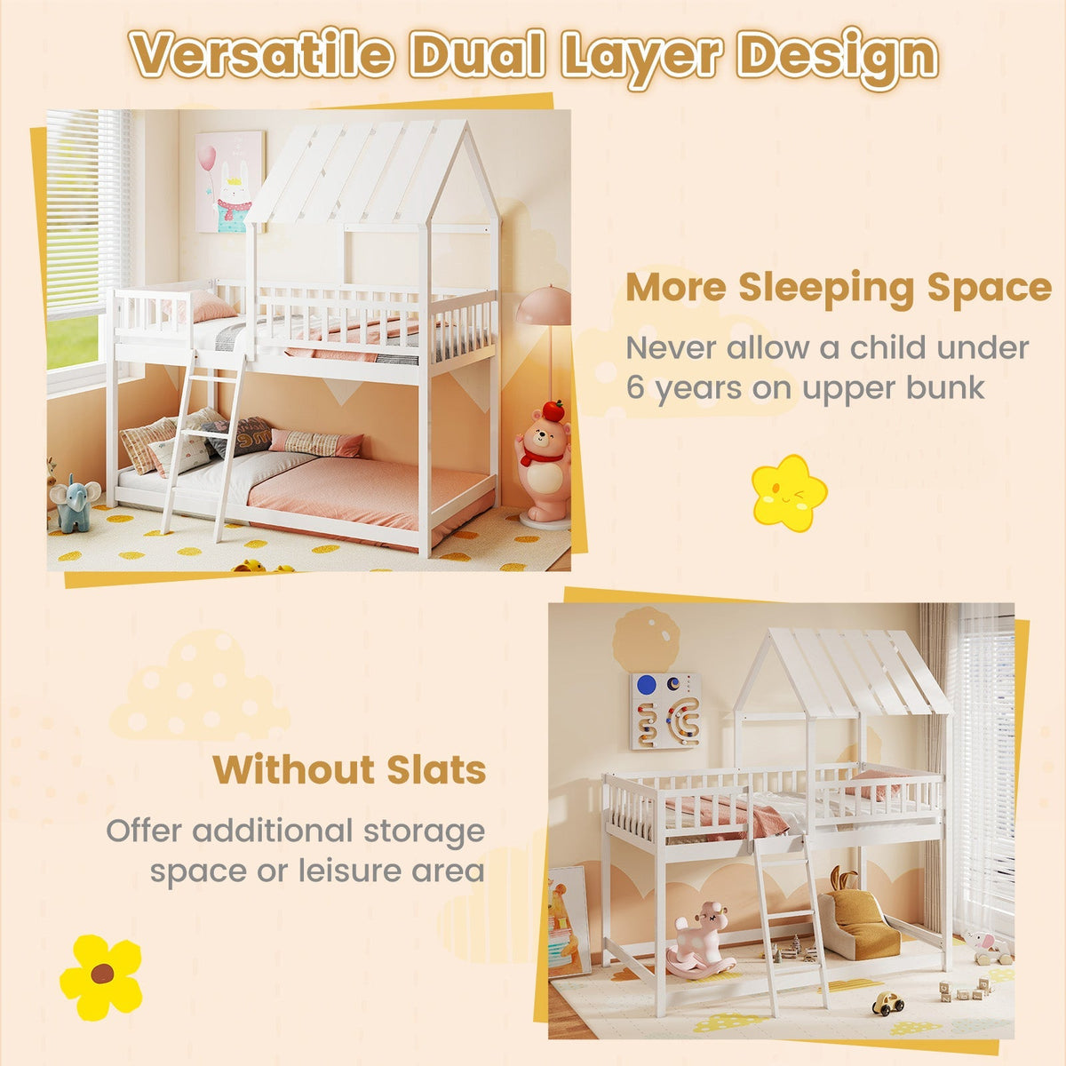 Twin Over Twin House Bunk Bed with Roof and Full-length Guardrails for Kids Teens Boys Girls