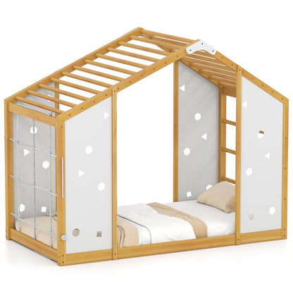 Twin Size Climbing Bed 2-in-1 Montessori Floor Bed with Monkey Bars-Natural and White