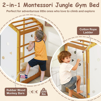 Twin Size Climbing Bed 2-in-1 Montessori Floor Bed with Monkey Bars-Natural and White