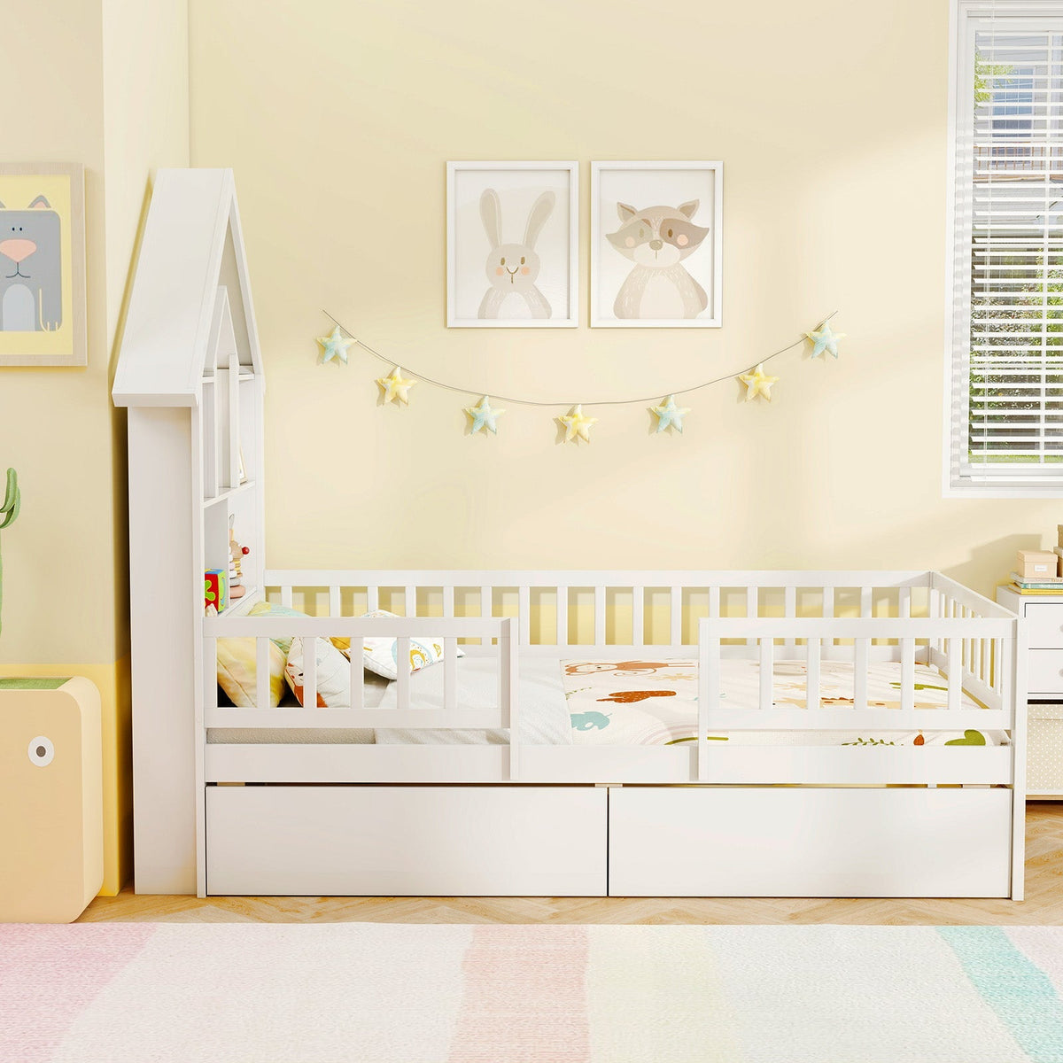 Twin Size House Bed Kids Montessori Bed with House-Shaped Storage Headboard-White