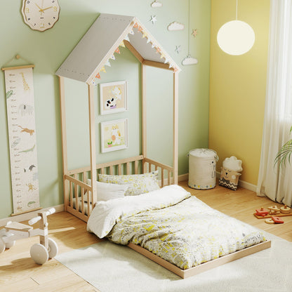 Twin Size House Bed with House Shape Roof and Semi-Fence