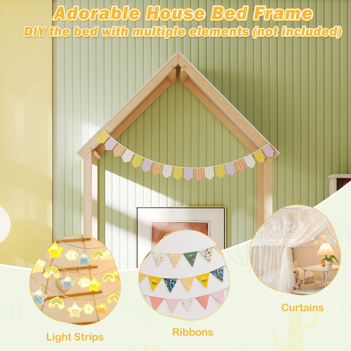 Twin Size House Bed with House Shape Roof and Semi-Fence