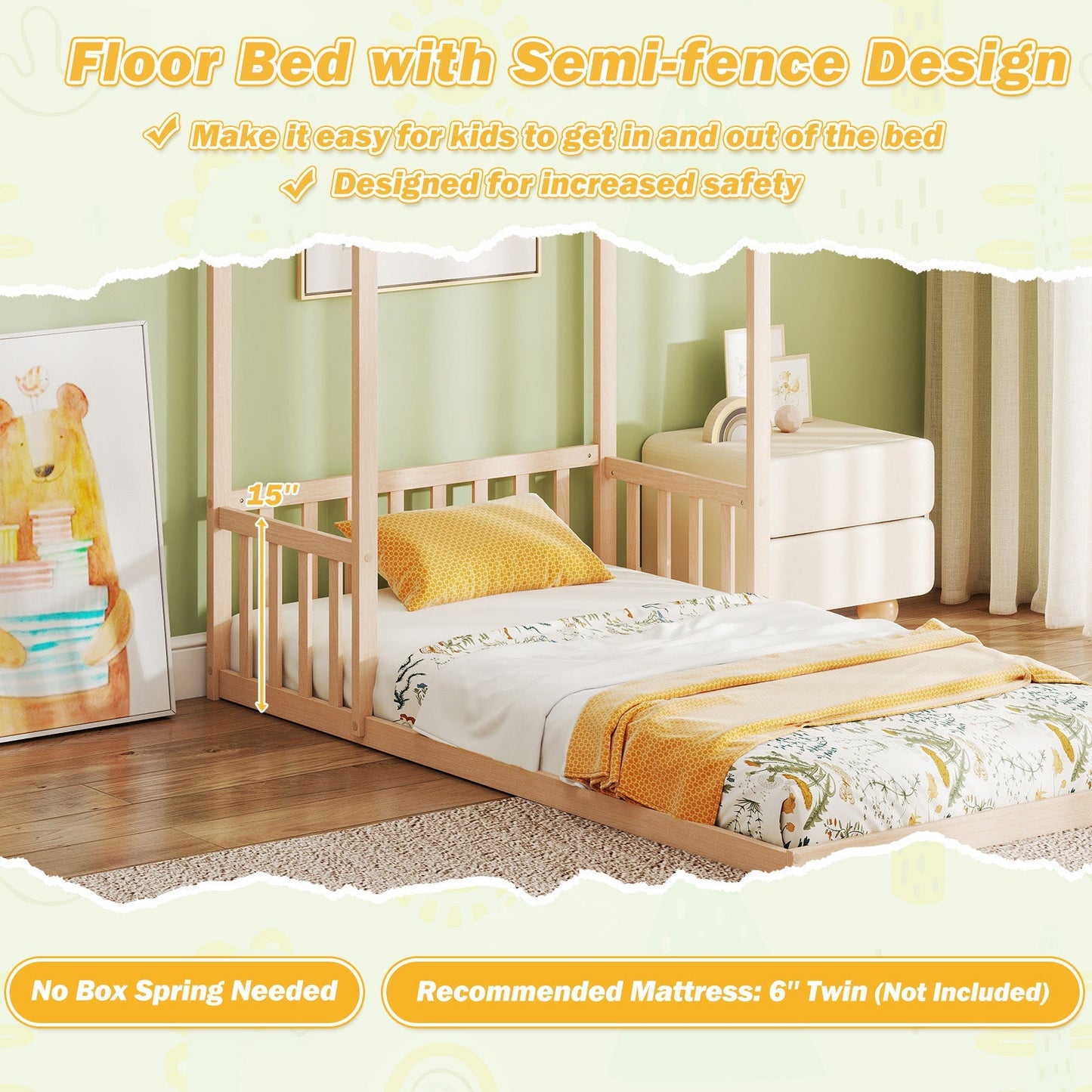 Twin Size House Bed with House Shape Roof and Semi-Fence