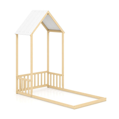 Twin Size House Bed with House Shape Roof and Semi-Fence