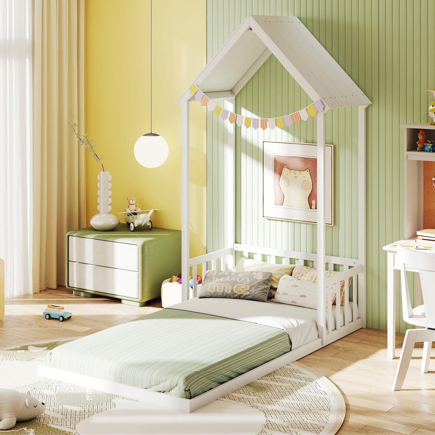 Twin Size House Bed with House Shape Roof and Semi-Fence
