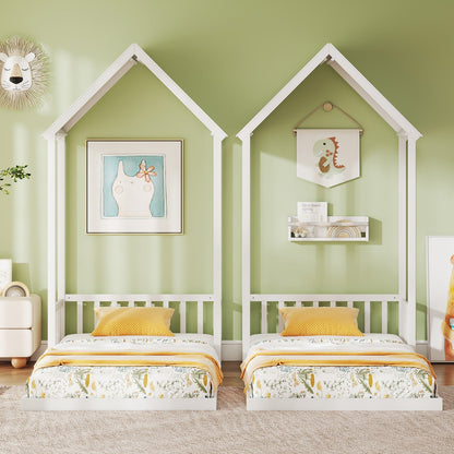 Twin Size House Bed with House Shape Roof and Semi-Fence