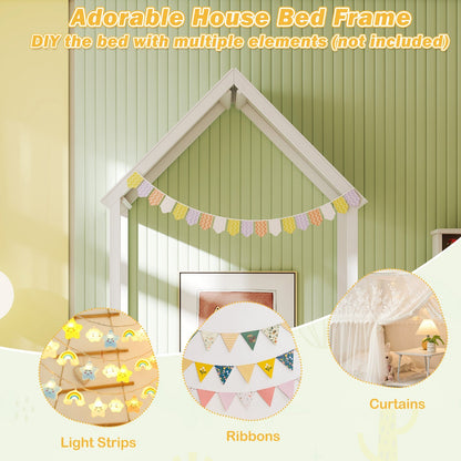 Twin Size House Bed with House Shape Roof and Semi-Fence