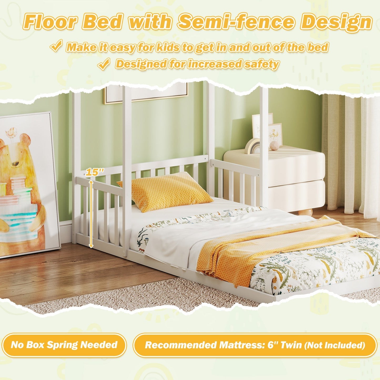 Twin Size House Bed with House Shape Roof and Semi-Fence