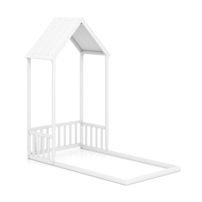 Twin Size House Bed with House Shape Roof and Semi-Fence