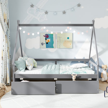 Twin Size House Bed with Roof and Safety Guardrail-Gray