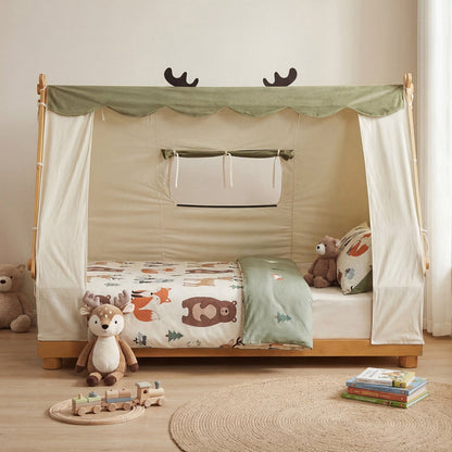 Twin Size House Floor Wood Bed with Tent