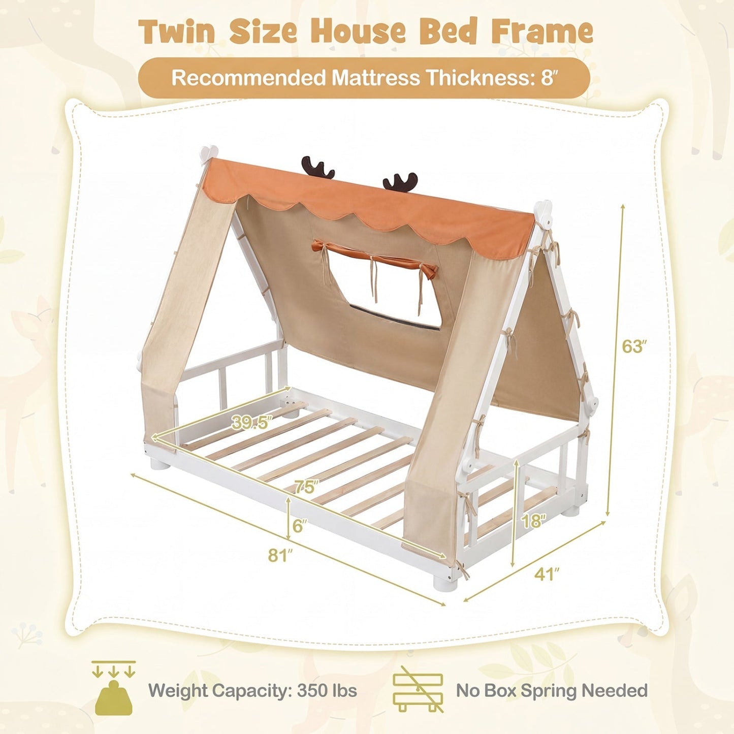 Twin Size House Floor Wood Bed with Tent