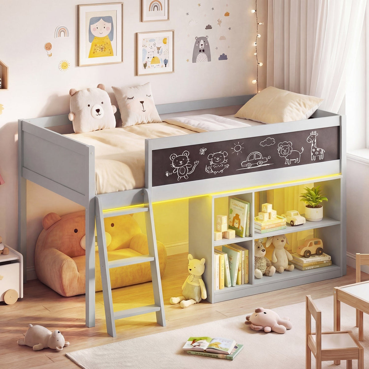 Twin Size Kids Loft Bed with LED Lights and Removable Bookcase