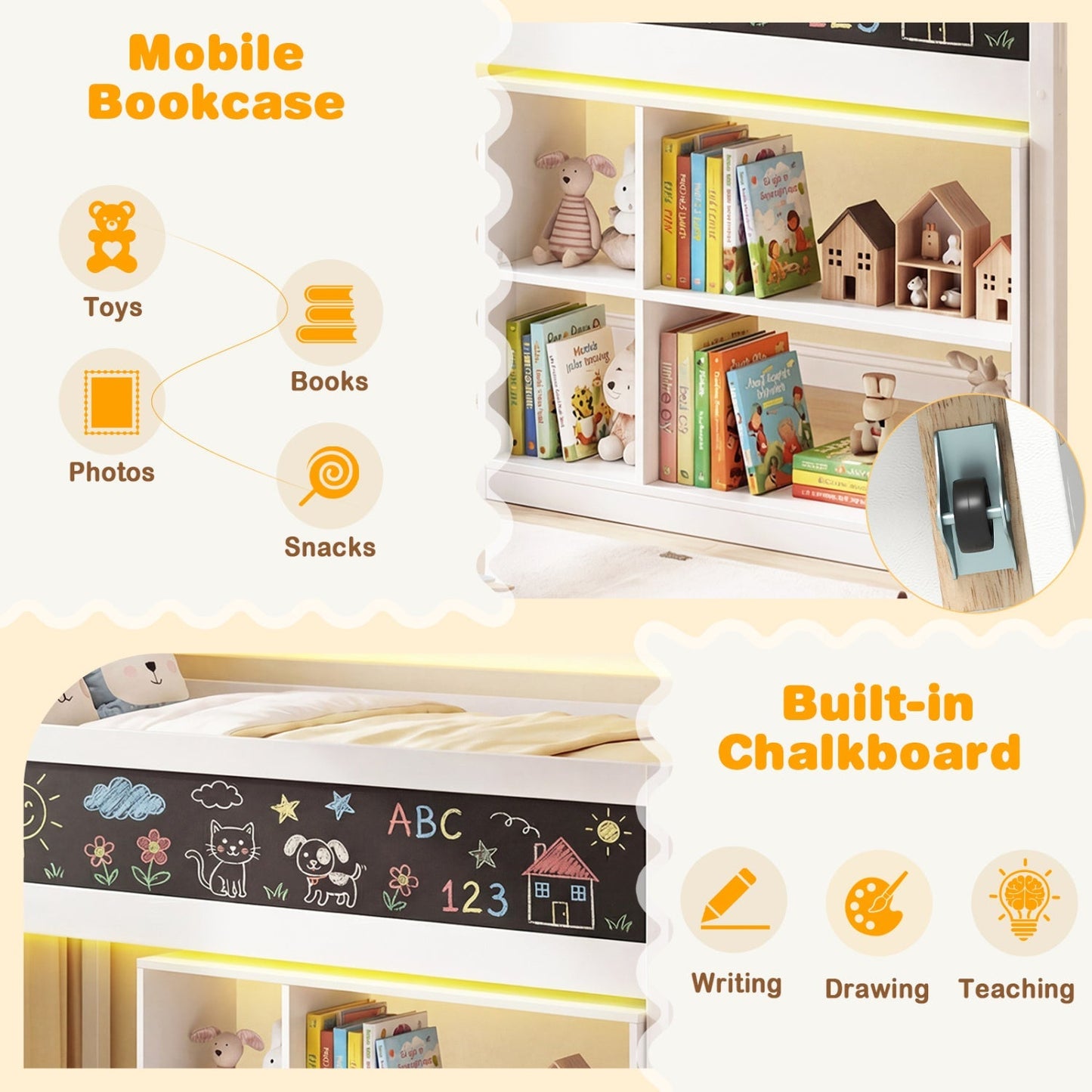 Twin Size Kids Loft Bed with LED Lights and Removable Bookcase