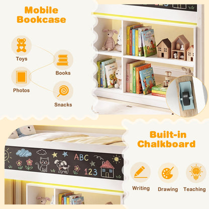 Twin Size Kids Loft Bed with LED Lights and Removable Bookcase