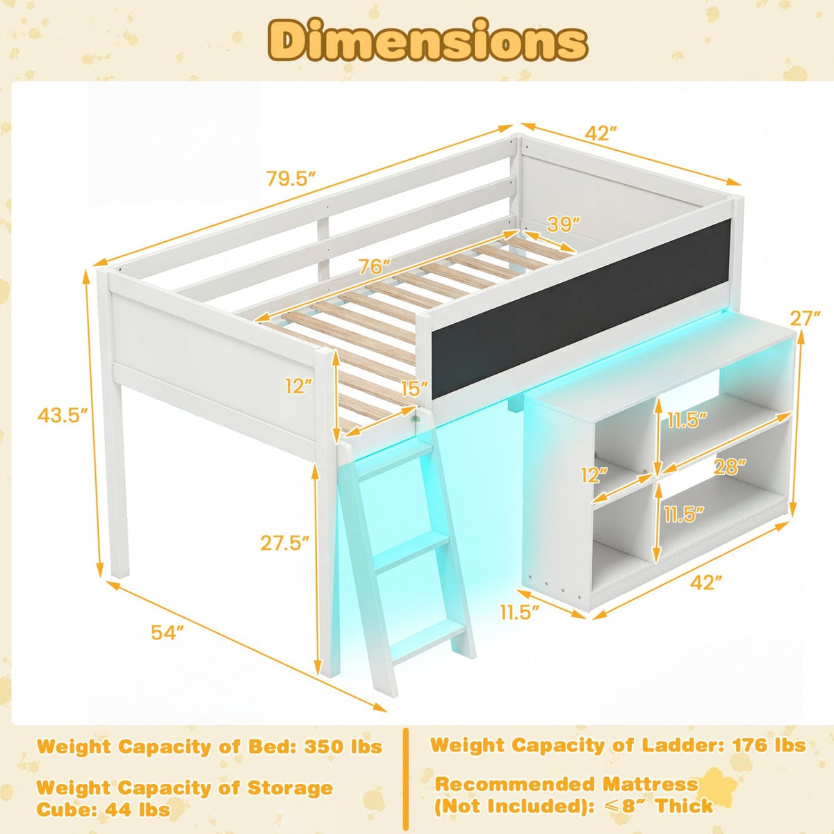 Twin Size Kids Loft Bed with LED Lights and Removable Bookcase