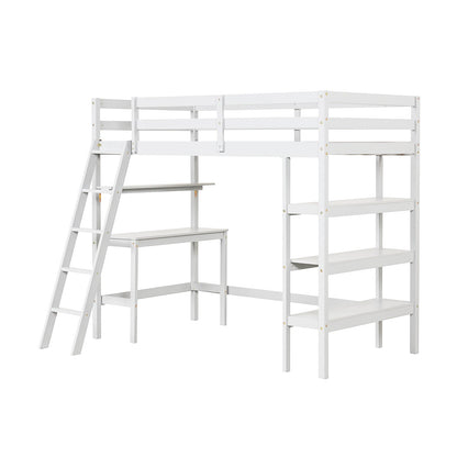 Twin Size Loft Bed with Desk and Bookshelves for Kids and Teens
