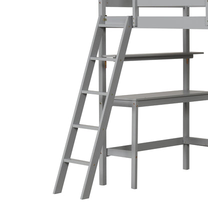 Twin Size Loft Bed with Desk and Bookshelves for Kids and Teens