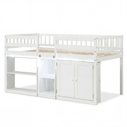 Twin Size Loft Bed with LED Lights and Kids Wooden Bed Frame