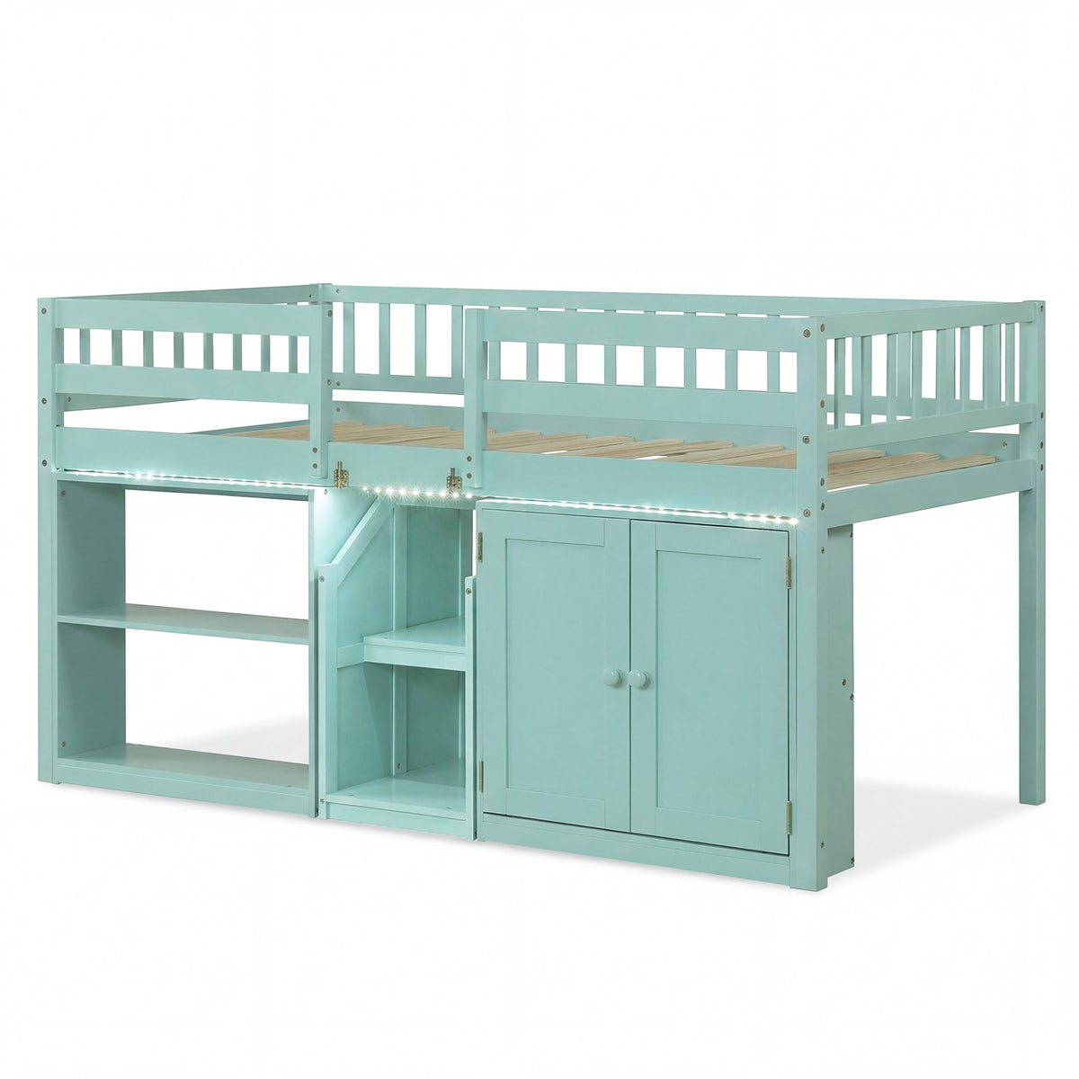 Twin Size Loft Bed with LED Lights and Kids Wooden Bed Frame