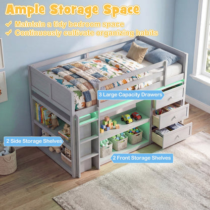 Twin Size Loft Bed with LED Lights and Underbed Space for Kids