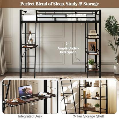 Twin Size Loft Bed with Desk and Shelves for Kids and Home-Black