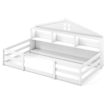 Twin Size Montessori Floor Bed with Storage Compartments and Shelf
