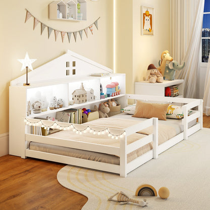 Twin Size Montessori Floor Bed with Storage Compartments and Shelf