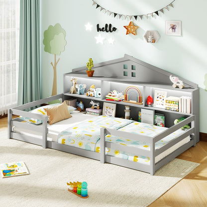 Twin Size Montessori Floor Bed with Storage Compartments and Shelf