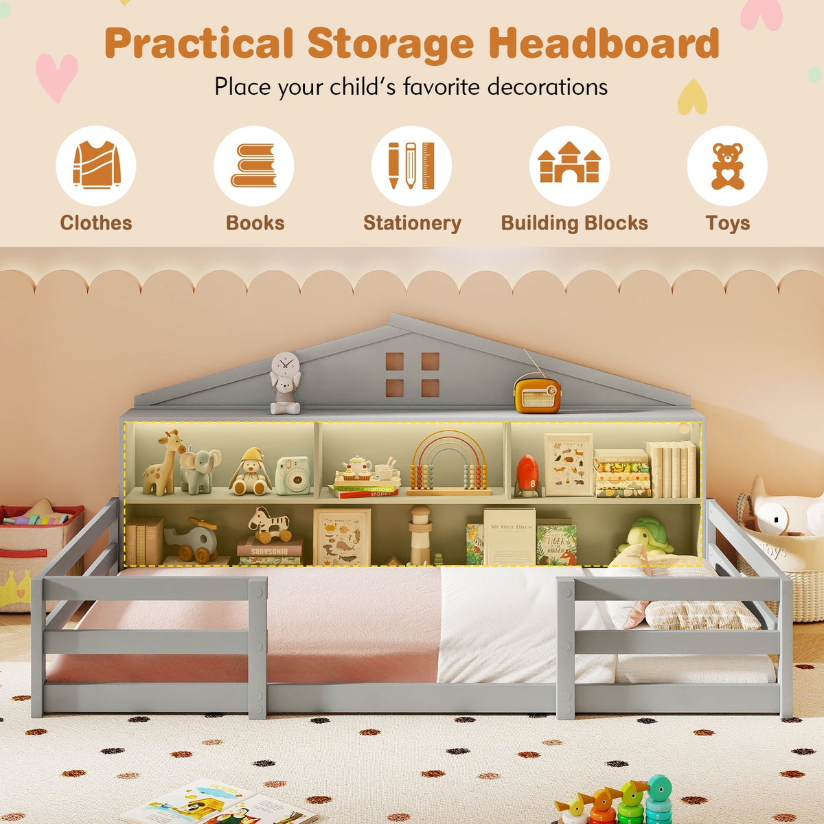 Twin Size Montessori Floor Bed with Storage Compartments and Shelf