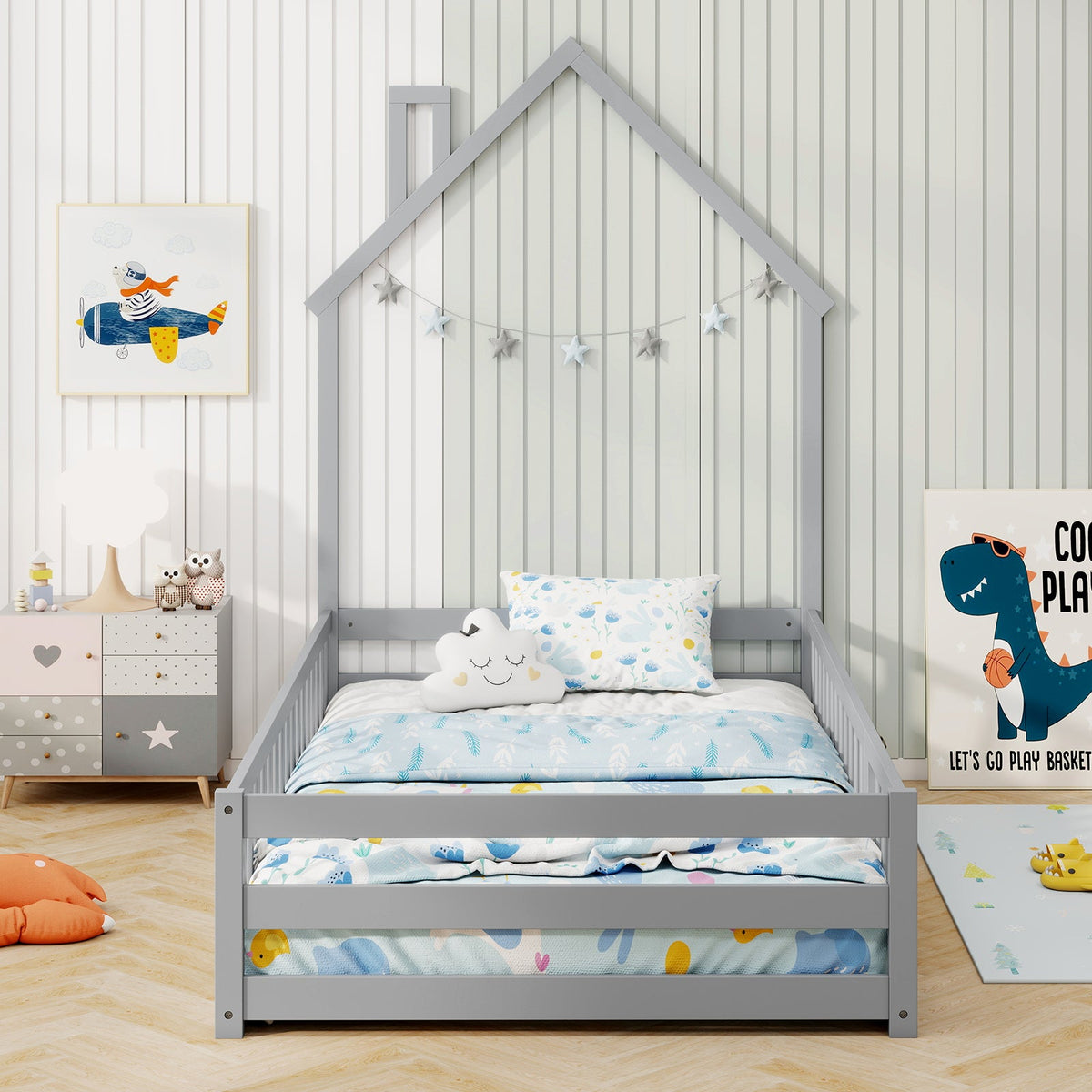 Twin Size Montessori Floor Bed with Lockable Door and Full-Length Guardrail-Gray