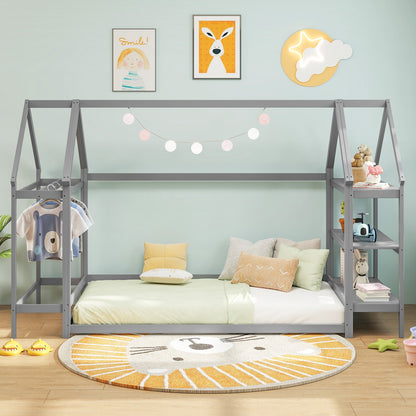 Twin Size Montessori Floor House Bed with Detachable Storage Shelves-Grey
