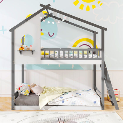 Twin over Twin House Bunk Bed with Roof and Guardrails for Kids-White & Gray