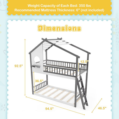 Twin over Twin House Bunk Bed with Roof and Guardrails for Kids-White & Gray