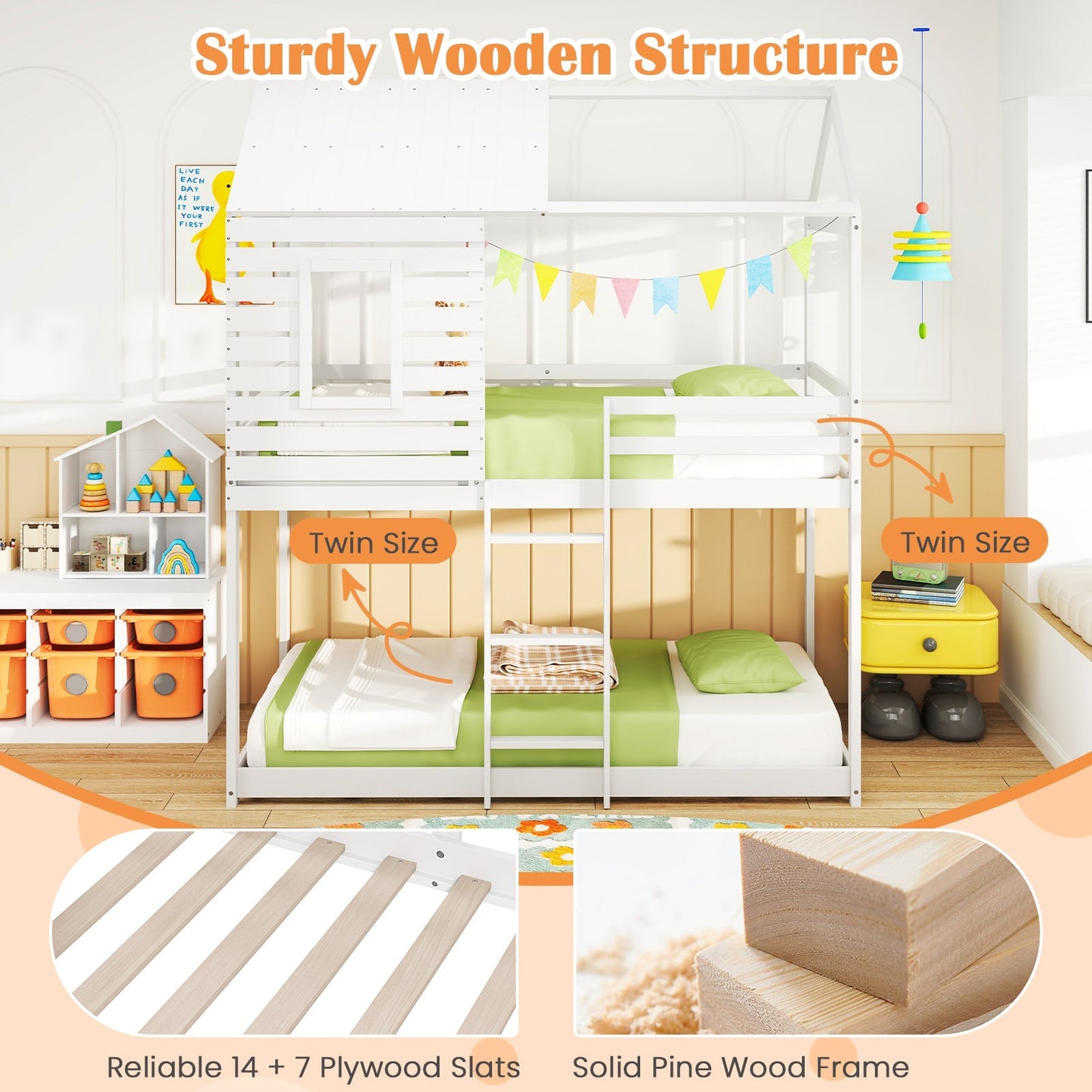 Twin over Twin House Bunk Bed with Roof and Full-length Guardrails-White